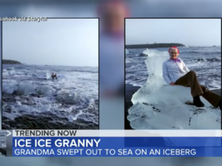Arme oma drijft weg op ijsberg tijdens het poseren