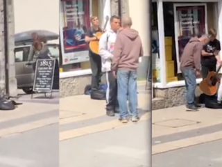 Vreselijke beelden van dieven die blinde straatmuzikant bestelen