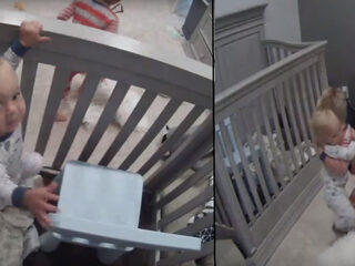 VIDEO: Ondeugende peuter helpt broertje ontsnappen om te spelen