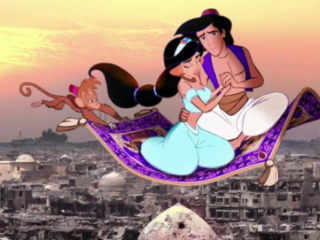 Kunstenaar raakt publiek met Disneyfiguren in oorlogsgebied