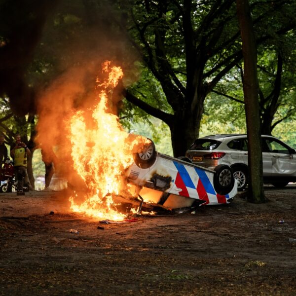 Tientallen relschoppers vast na rechtse demo waarbij politieauto in brand werd gestoken