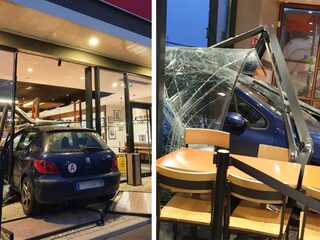 Vrienden geven elkaar rijles en rijden volle bak Burger King binnen