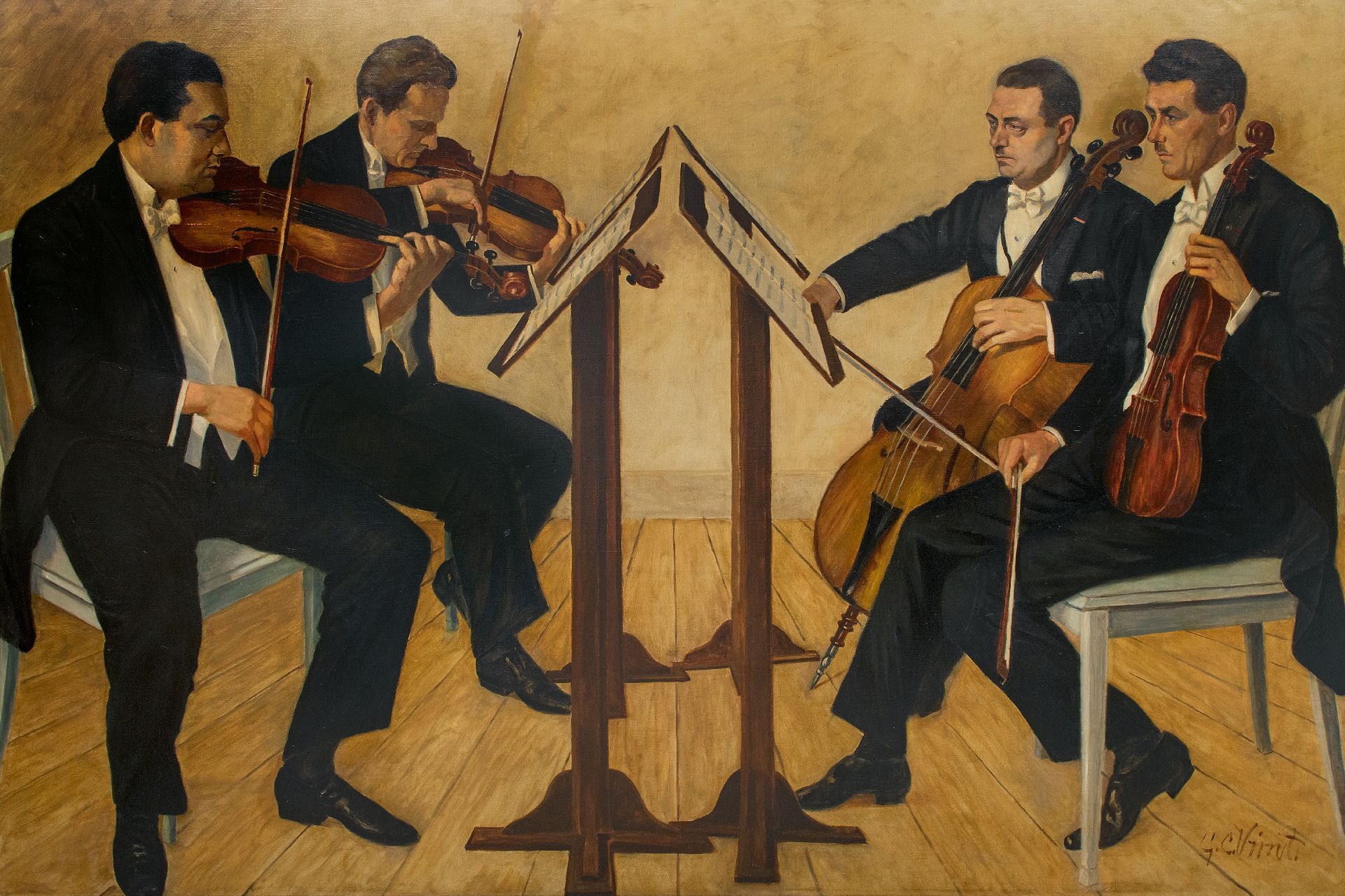 Gerrit Christiaan 'Gerard' Vrint Amsterdam 1870-1954 Den Haag Het Haagsch Strijkkwartet met Sam Swaap, Adolf Poth, Charles van Isterdaal en Jean Devert olieverf op doek 141,0 x 210,0 cm, gesigneerd rechtsonder en te dateren ca. 1938