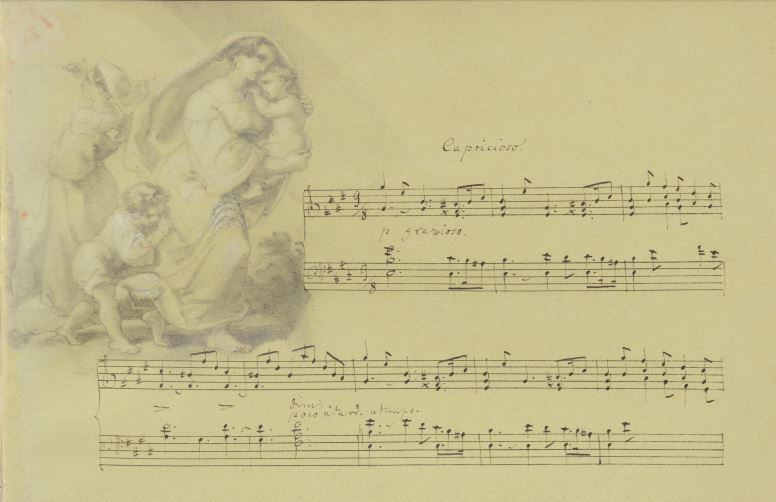 De eerste pagina van April uit Das Jahr van Fanny Mendelssohn, met een tekening van Wilhelm Hensel erbij.