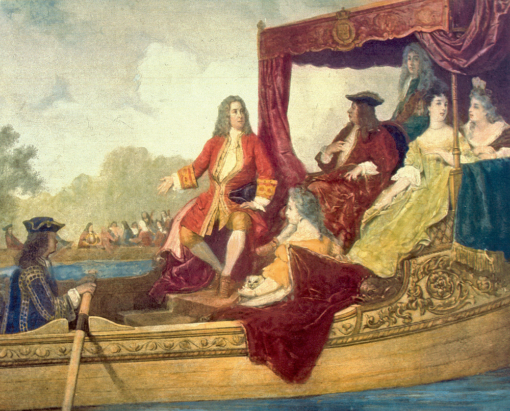 Georg Friedrich Handel en Koning George I op de Theems op 17 juli 1717, geschilderd door Edouard Hamman.