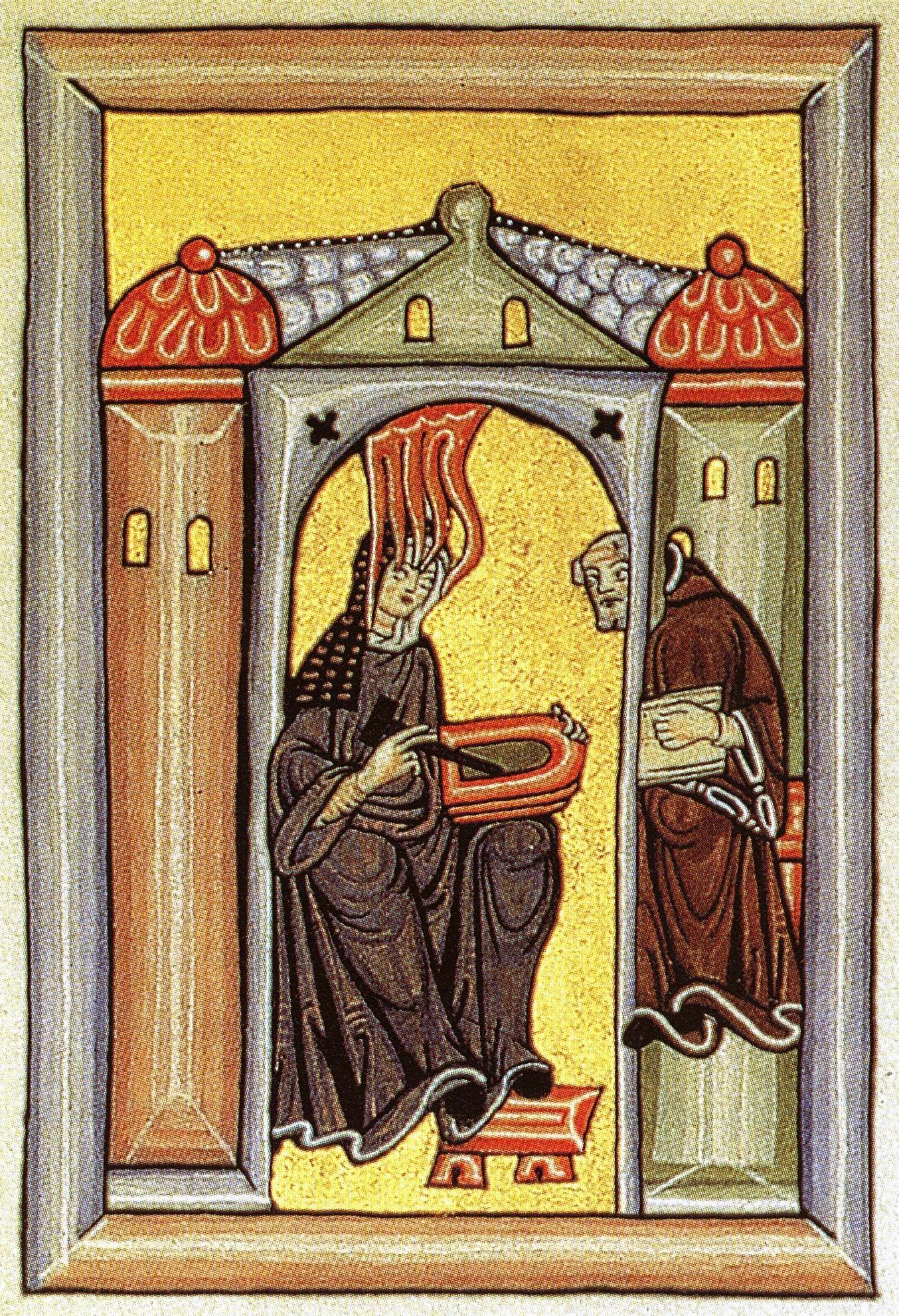 Een miniatuur van Hildegard von Bingen, die een visioen krijgt, en Volmar, die het visioen transcribeert op perkament.