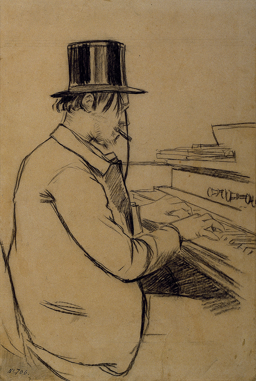 Een tekening van Erik Satie die harmonium speelt, gemaakt door de Spaanse schilder Santiago Rusiñol in 1891.