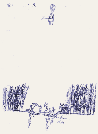 De tekening die Sibelius als kind maakte in december 1875, waarin hij zijn familie in een bos heeft getekent en zichzelf hoog in de lucht in een luchtballon.