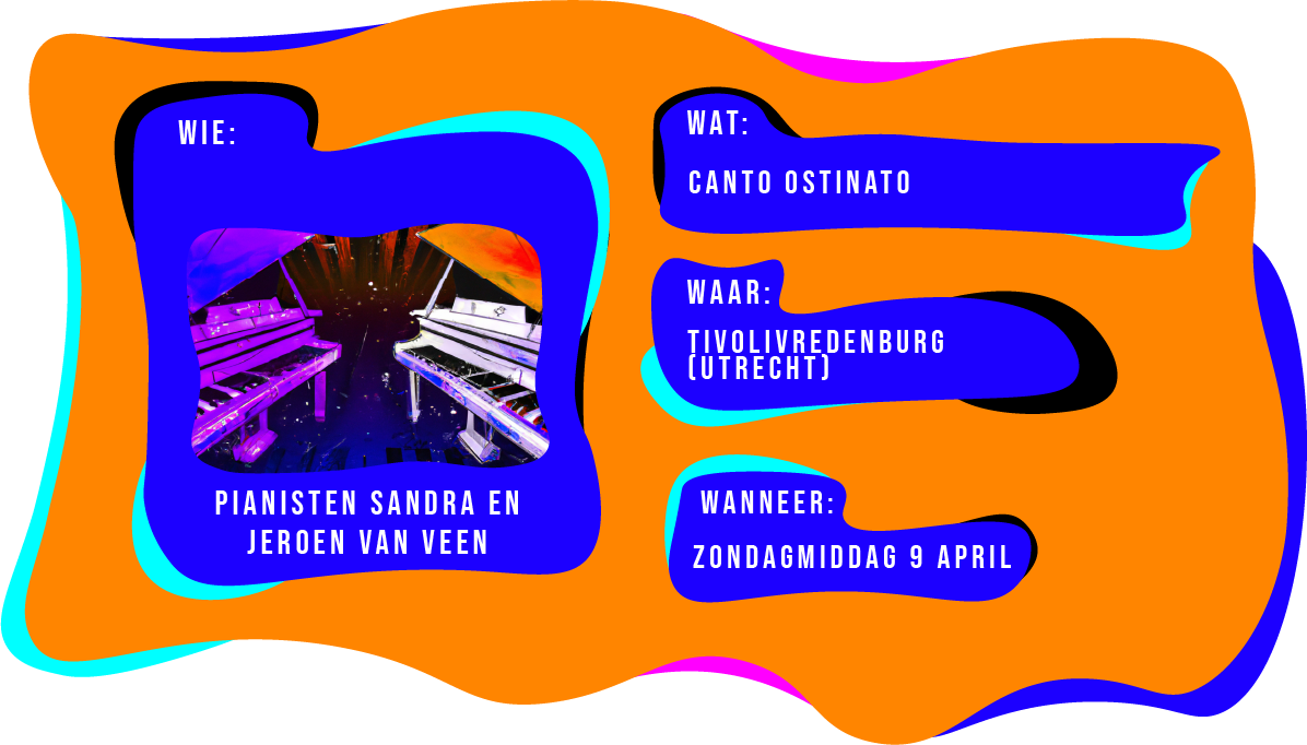 Wie: Pianisten Sandra en Jeroen van Veen. Wat: Canto Ostinato. In TivoliVredenburg Utrecht op zondagmiddag 9 april.