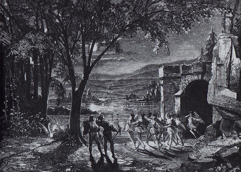 Het oorspronkelijke decorontwerp met het meer en de ruïne voor Akte II van Tsjaikovski's Zwanenmeer, ontworpen door F. Gaanenor in 1877.