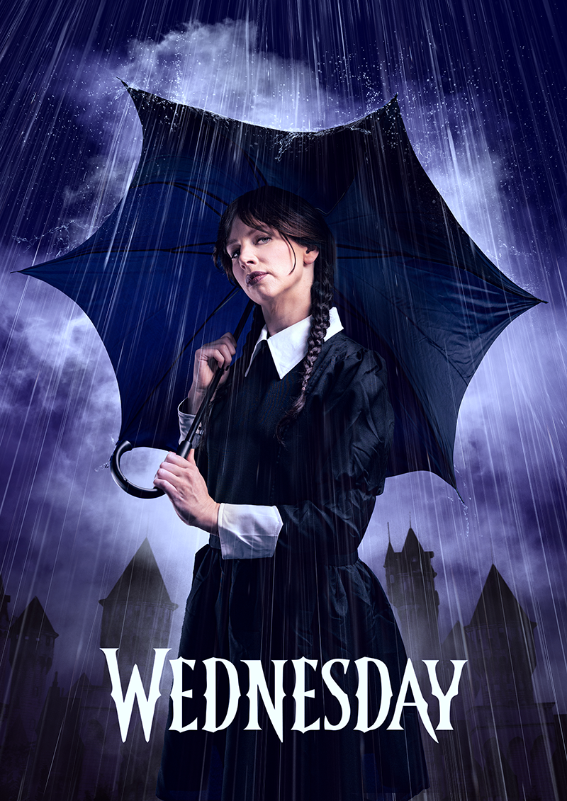 Carine Lacor als Wednesday Addams op een filmposter