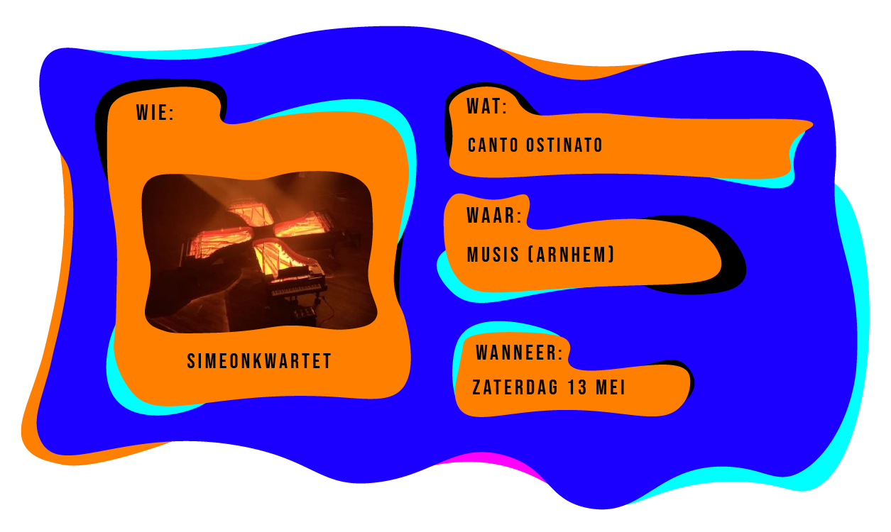 Wie: Simeonkwartert speelt Canto Ostinato in Musis te Arnhem. Wanneer: zaterdag 13 mei