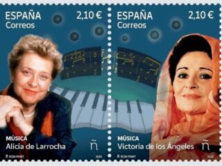 Postzegels van pianist Alicia de Larrocha en sopraan Victoria de los Ángeles