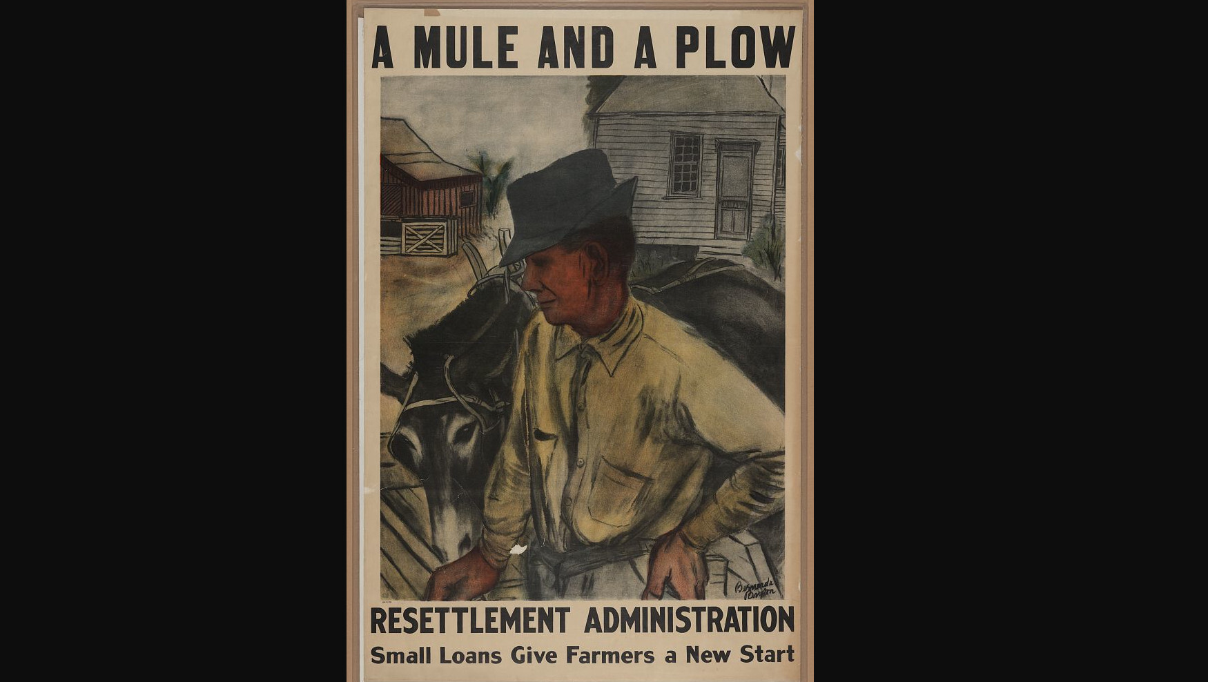 Een poster van de Resettlement Administration waarop een man en een muilezel zijn afgebeeld. Boven de afbeelding staat: 'A Mule And A Plow'. Onder de afbeelding staat 'Resettlement Administration Small Loans Give Farmers a New Start'