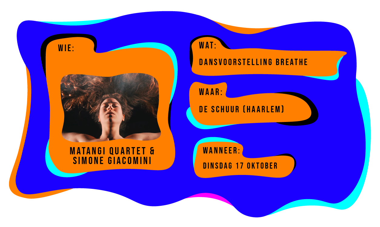 Wie: Matangi Quartet & Simone Giacomini. Wat: dansvoorstelling Breathe. Waar: de Schuur in Haarlem. Wanneer: dinsdag 17 oktober.