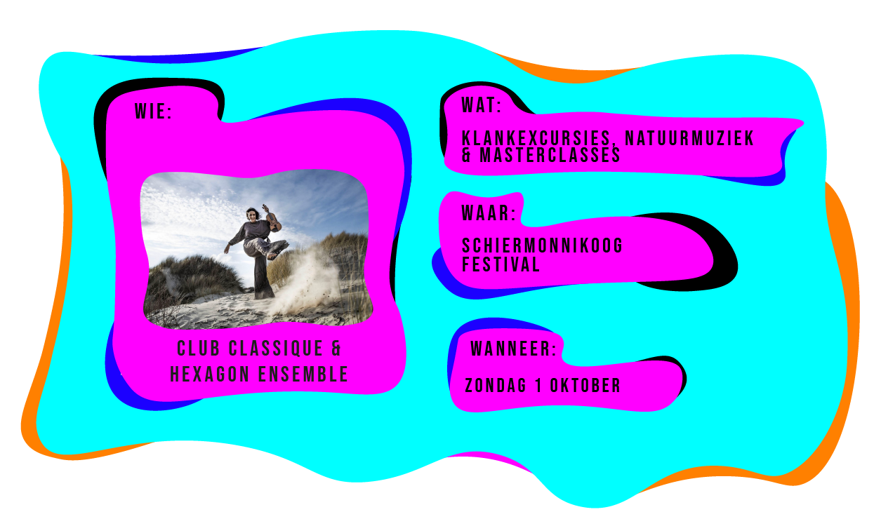 Wie: Club Classique en Hexagon Ensemble. Wat: Klankexcursies, natuurmuziek en mastercalsses. Waar: Schiermonnikoog Festival, wanneer: zondag 1 oktober
