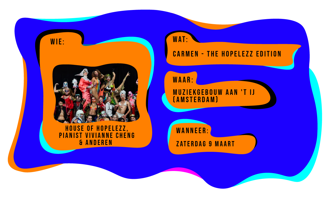 Wie: House of Hopelezz, pianist Vivianne Cheng & anderen. Wat: Carmen - the hopelezz edition. Waar: Muziekgebouw aan 't IJ in Amsterdam. Wanneer: zaterdag 9 maart 2024.