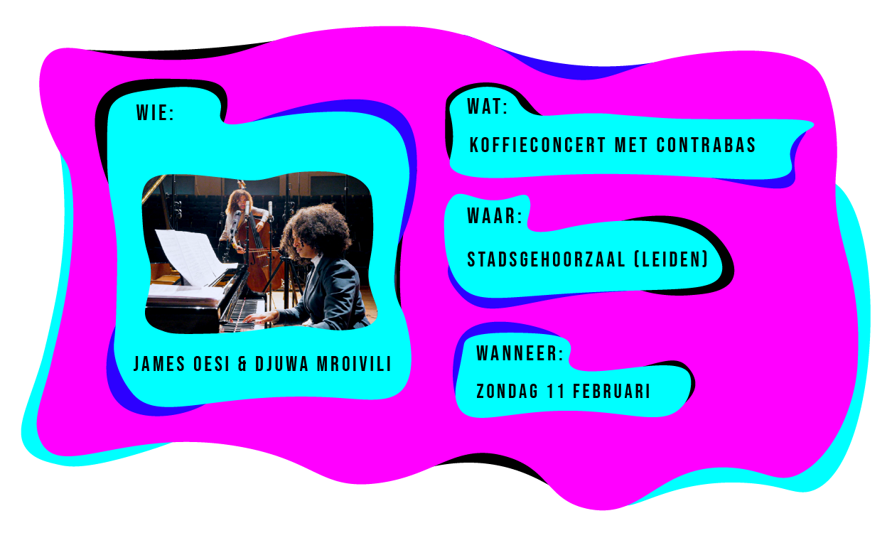 Wie: James Oesi & Djuwa Mroivili. Wat: Koffieconcert met contrabas. Waar: Stadsgehoorzaal Leiden. Wanneer: zondag 11 februari 2024.