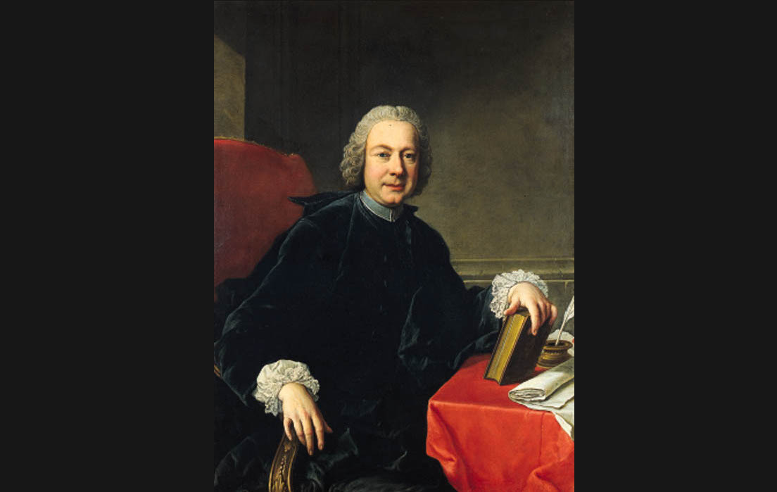 Een schilderij van Metastasio (artiestennaam van Pietro Antonio Domenico Bonaventura Trapassi), een man met wit haar in krullen tot zijn kin. Hij draag teen zwart, ruimzittend kledingstuk en houdt een boek vast in zijn linkerhand.