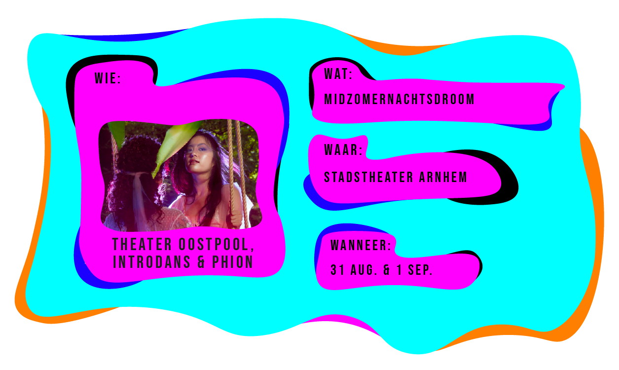 Wie: Theater Oosterpool, Introdans en Phion. Wat: midzomernachtsdroom. Waar: Stadstheater Arnhem. Wanneer: 31 augustus & 1 september