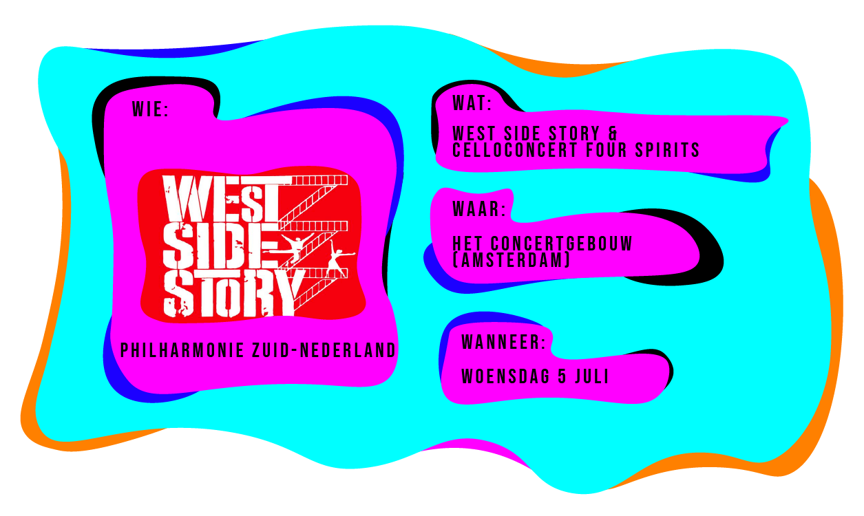 Wie: Philharmonie Zuid-Nederland. Wat: West Side Story & Celloconcert Four Spirits. Waar: Het Concertgebouw Amsterdam. Wanneer: woensdag 5 juli.
